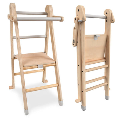The TP Toys TP Active-Tots Pikler Style Wooden Folding Helper Tower With Play Easel & Play Mats (FSC® certified) features a seat and safety rail, shown open and folded—perfect for little ones to reach new heights safely.