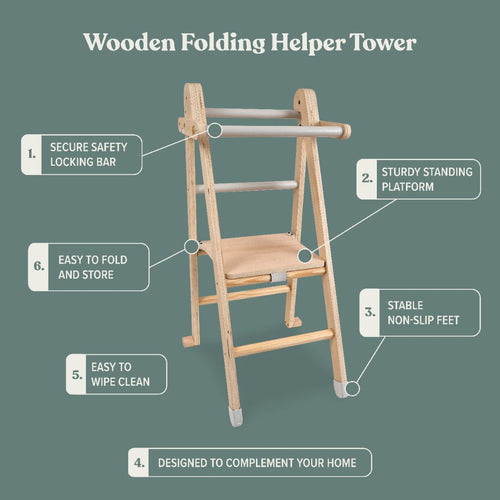 The TP Toys TP Active-Tots Pikler Style Wooden Folding Helper Tower is FSC® certified, foldable, features a safety locking bar, sturdy platform, non-slip feet, easy-clean surface, and a stylish look to complement your home.