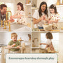 Four images show adults and children using the TP Active-Tots Pikler Style Wooden Folding Helper Tower by TP Toys to wash hands, stir batter, eat, and play at a kitchen counter. Text at bottom reads: Encourages learning through play.