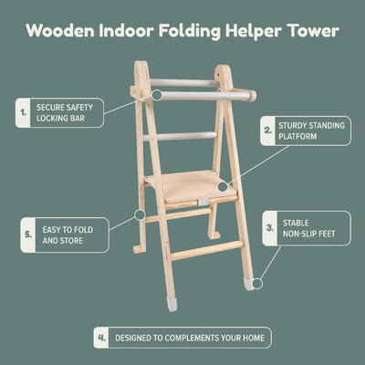 The TP Toys Active-Tots Pikler Style Wooden Folding Helper Tower With Play Easel is FSC® certified and features a sturdy foldable design, locking bar, non-slip feet, and labeled safety features—ideal for boosting kids’ confidence.