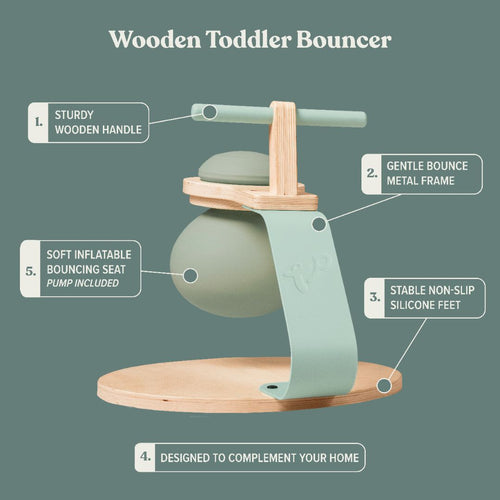 The TP Toys TP Active-Tots Pikler Style Toddler Bouncer features a sturdy handle, soft inflatable seat, non-slip silicone feet, and a gentle bounce metal frame to support motor skill development in a safe, FSC® certified design.