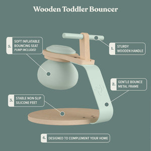 TP Toys Active-Tots Pikler Style Toddler Bouncer—crafted from FSC® certified wood, featuring a soft inflatable seat, sturdy wooden handle, metal frame, non-slip silicone feet, and a modern design to complement your nursery. Key features are labeled with text and numbers for easy identification.