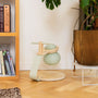 A light green modern pet feeding station with a round bowl and wooden base sits on a wooden floor next to a bookshelf, a large potted plant, and the TP Toys TP Active-Tots Pikler Style Toddler Bouncer, which is FSC® certified.