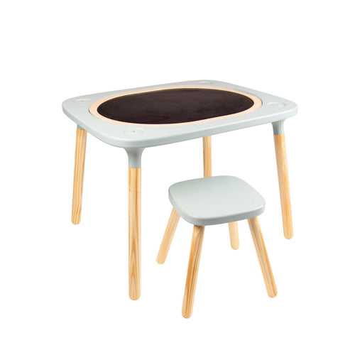 The TP Active-Tots Pikler Style 4 in 1 Wooden Play Table with Play Stool by TP Toys features a dark rectangular surface, light wood legs, and a matching stool—perfect kids’ furniture for creative play or learning. FSC® certified.