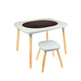 The TP Active-Tots Pikler Style 4 in 1 Wooden Play Table with Play Stool by TP Toys features a dark rectangular surface, light wood legs, and a matching stool—perfect kids’ furniture for creative play or learning. FSC® certified.