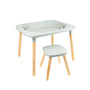 The TP Active-Tots Pikler Style 4 in 1 Wooden Play Table with Play Stool by TP Toys features a light gray top, natural wood legs, and comes with a matching stool—ideal FSC® certified Montessori furniture for creative kids’ play.