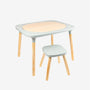 The TP Toys TP Active-Tots Pikler Style 4 in 1 Wooden Play Table with Play Stool—crafted from FSC® certified wood—features gently rounded corners, a matching stool, light wood legs, and soft pale grey accents. Set against a plain white background, this Montessori-inspired kids’ furniture is the ideal modern addition to any playroom.