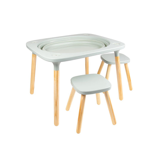 The TP Toys TP Active-Tots Pikler Style 4 in 1 Wooden Play Table with Two Play Stools features a light gray top and wooden legs—an ideal Montessori kids furniture set, FSC® certified and perfect for play, shown on a white background.