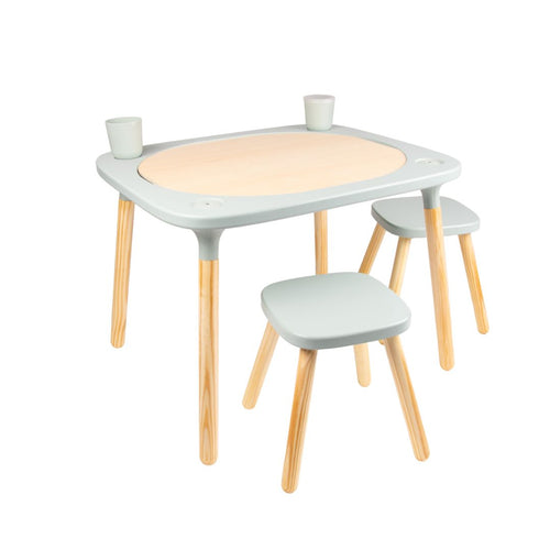 The TP Toys TP Active-Tots Pikler Style 4 in 1 Wooden Play Table with Two Play Stools, FSC® certified, is ideal kids furniture or a Montessori activity table, shown here with a light wood top and matching stools against a white background.