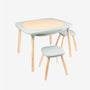 The TP Toys TP Active-Tots Pikler Style 4 in 1 Wooden Play Table with Two Play Stools, crafted from FSC® certified wood and featuring rounded corners, light wood legs, and light gray surfaces, is a Montessori-inspired set—perfect kids’ furniture for any playroom or learning space.