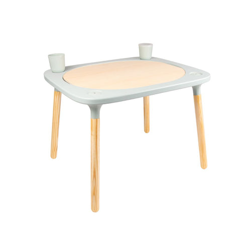 The TP Toys TP Active-Tots Pikler Style 4 in 1 Wooden Play Table is a small, rectangular Montessori table with FSC® certified light wood legs and surface, a light gray border, and two gray cups at opposite corners.