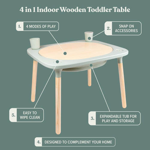 The TP Toys Active-Tots Pikler Style 4 in 1 Wooden Play Table, FSC® certified, features light wood and gray tones, four wooden legs, two snap-on cups, an expandable tub, and labeled play options—ideal for enriching play.