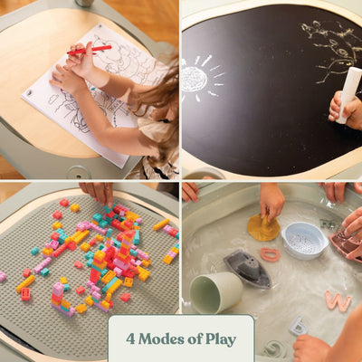 Four images show a child coloring, drawing on a chalkboard, building with blocks, and playing with water, demonstrating four play activities with the TP Toys TP Active-Tots Pikler Style 4 in 1 Wooden Play Table - FSC® certified.