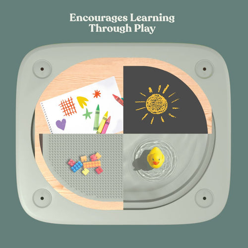 The TP Toys TP Active-Tots Pikler Style 4 in 1 Wooden Play Table (FSC® certified) features four sections—crayons, chalk sun, building blocks, and water play—to encourage learning through play. Ideal kids’ furniture for little learners.