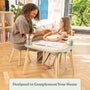 An adult and child color together at the TP Toys Active-Tots Pikler Style 4 in 1 Wooden Play Table (FSC® certified) in a bright room, with art supplies and a drawing on the table. Designed to Complement Your Home.