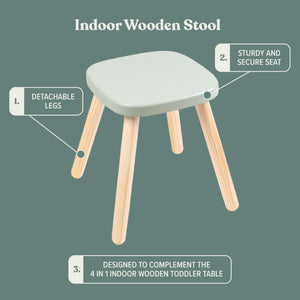The TP Toys TP Active-Tots Pikler Style Wooden Stool - FSC® certified is a light wooden toddler stool with detachable legs, an ergonomic secure seat, and matches the 4-in-1 indoor toddler table, shown on a muted green background.