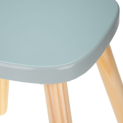 Close-up of the TP Toys TP Active-Tots Pikler Style Wooden Stool—FSC® certified—featuring a light blue, rounded seat and natural wooden legs; a modern, ergonomic toddler stool designed with child-safe features.