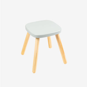 The TP Toys TP Active-Tots Pikler Style Wooden Stool - FSC® certified features a light gray square seat and four natural wood legs, shown against a plain white background—an ideal piece of eco-friendly toddler furniture for your home.