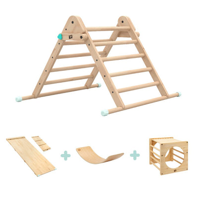 The TP Toys Active-Tots Pikler Style Climbing Triangle set includes an FSC® certified triangle, bridge, climbing cube with circular cutouts, and balance board—the perfect Montessori-inspired playset for adventurous little explorers.