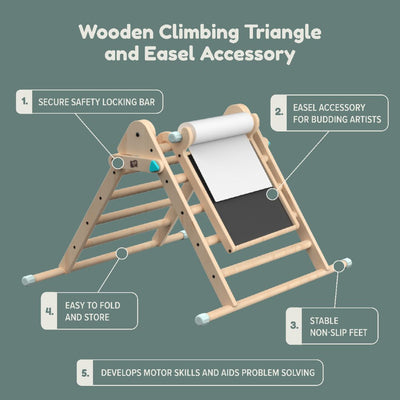 The TP Toys TP Active-Tots Pikler Style Wooden Climbing Triangle With Wooden Play Easel (FSC® certified) is a Montessori toy with safety locking bar, non-slip feet, easy folding, and skill-building for young explorers.