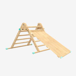 The TP Toys TP Active-Tots Pikler Style Wooden Climbing Triangle & Slide is an FSC® certified Montessori climbing set for children’s indoor play and physical activity, featuring a sturdy wooden triangle with attached slide and turquoise plastic corner caps.