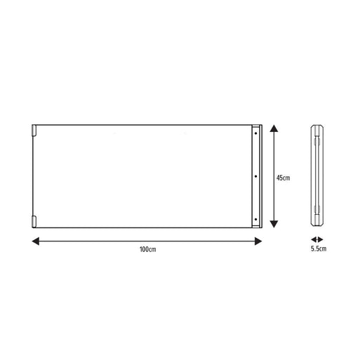Black and white technical drawing of the TP Active-Tots Pikler Style Wooden Climbing Triangle & Slide by TP Toys, dimensions 100 cm (L) x 45 cm (H) x 5.5 cm (D), ideal as a Montessori climbing toy or accessory for indoor play.