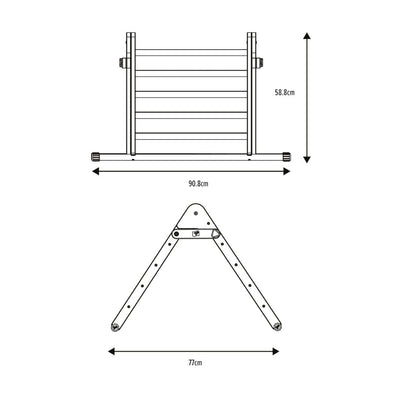 Technical drawing of the TP Toys TP Active-Tots Pikler Style Wooden Climbing Triangle & Slide—FSC® certified, foldable, 90.8cm wide, 58.8cm high, 77cm deep when open—perfect Montessori climber for active play.
