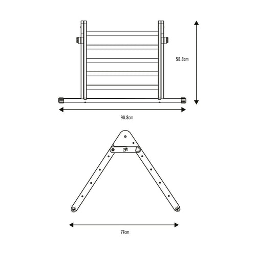 Technical drawing of the TP Toys TP Active-Tots Pikler Style Wooden Climbing Triangle & Slide—FSC® certified, foldable, 90.8cm wide, 58.8cm high, 77cm deep when open—perfect Montessori climber for active play.