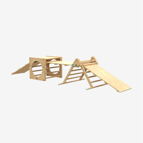 Create an engaging indoor play area with the TP Toys TP Active-Tots Pikler Style Climbing Triangle, Cube & Three Slides – FSC® certified. This versatile Montessori-inspired wooden indoor playset features a climbing cube, ramp, connecting bridge, and two climbing triangles. Perfect for encouraging active and imaginative play, it doubles as a multifunctional wooden climbing frame on a plain white background.