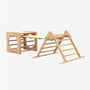 The TP Toys TP Active-Tots Pikler Style Wooden Climbing Triangle, Cube & Slide—crafted from FSC® certified wood—features a climbing triangle, a cube with circular openings, and a connecting balance beam, making it the perfect Montessori-inspired indoor playset for your play area, shown here against a plain white background.