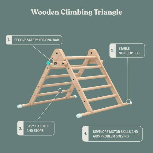 The TP Toys Active-Tots Pikler Style Wooden Climbing Triangle, FSC® certified, features a safety locking bar, stable non-slip feet, and an easy-fold design—ideal for indoor toddler climbing, motor skills, and problem-solving.