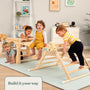 Three young children play on the TP Active-Tots Pikler Style Wooden Climbing Triangle by TP Toys in a cozy living room with bookshelves, toys, and animal wall art. A sign reads, "Build it your way." The climbing triangle is FSC® certified.