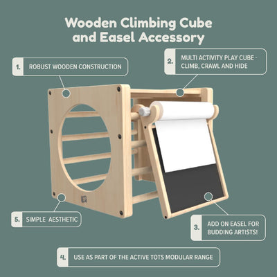 The TP Toys TP Active-Tots Pikler Style Wooden Climbing Cube With Play Easel (FSC® certified) features circular and ladder rungs, an easel with a paper roll and chalkboard—perfect for toddlers indoor play and activities.