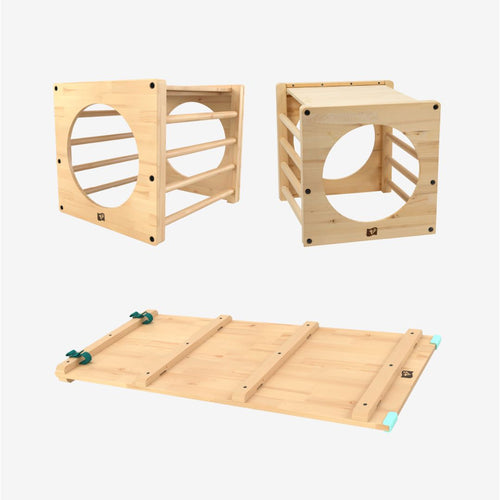 Transform your playroom with the TP Toys Active-Tots Pikler Style Two Climbing Cubes & Bridge—crafted from FSC® certified wood for safe, sustainable fun. This versatile indoor set features two wooden climbing cubes with circular openings and a detachable flat bridge, inspiring active, imaginative play in true Montessori fashion. For extra adventure, incorporate the connecting bridge to create an engaging obstacle course that keeps little explorers challenged and entertained—all beautifully arranged on a