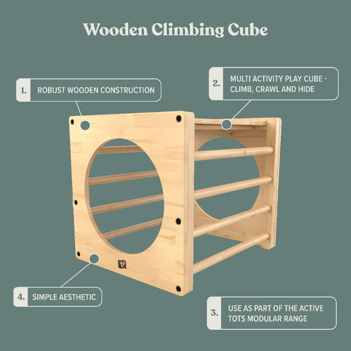 The TP Active-Tots Pikler Style Wooden Climbing Cube by TP Toys is FSC® certified, robustly built with circular and horizontal bar openings, ideal for toddler indoor play, multi-activity use, and is part of a modular range.