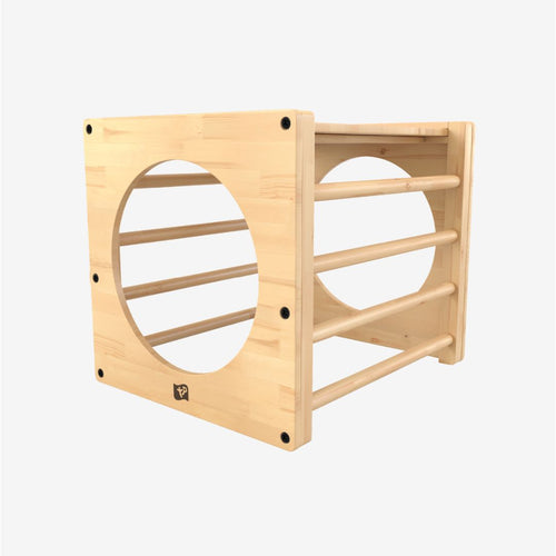 The TP Toys TP Active-Tots Pikler Style Wooden Climbing Cube – FSC® certified, featuring horizontal bars and a large circular cutout on one side, is shown against a plain white background.