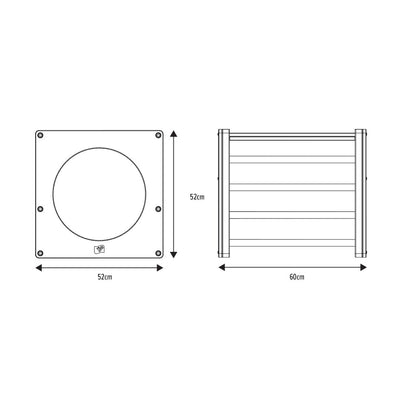Technical drawing of the TP Active-Tots Pikler Style Wooden Climbing Cube by TP Toys (FSC® certified), shaped like a square and measuring 52 cm high/front width, and 60 cm wide from the side.