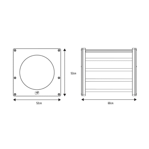 Technical drawing of the TP Active-Tots Pikler Style Wooden Climbing Cube by TP Toys (FSC® certified), shaped like a square and measuring 52 cm high/front width, and 60 cm wide from the side.