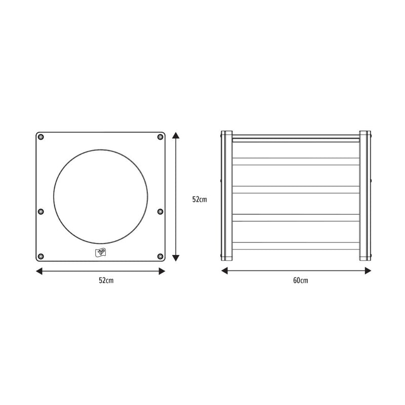 Technical drawing of the TP Active-Tots Pikler Style Wooden Climbing Cube by TP Toys (FSC® certified), shaped like a square and measuring 52 cm high/front width, and 60 cm wide from the side.