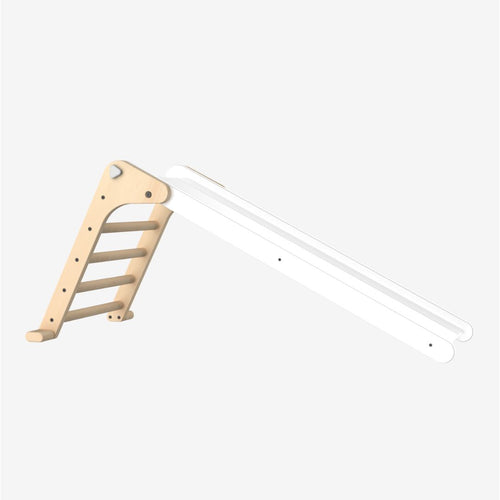 The TP Toys TP Active-Tots Pikler Style Folding Wooden Slide - FSC® certified, shown here with an attached white slide against a plain light background, provides versatile indoor play as a Montessori-inspired toy. This folding wooden slide encourages imaginative exploration and active learning for children.