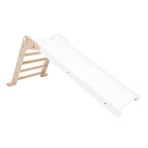 The TP Active-Tots Pikler Style Folding Wooden Slide by TP Toys features a white ramp and climbing ladder—ideal for indoor play and helping kids develop motor skills. Made from FSC® certified wood.