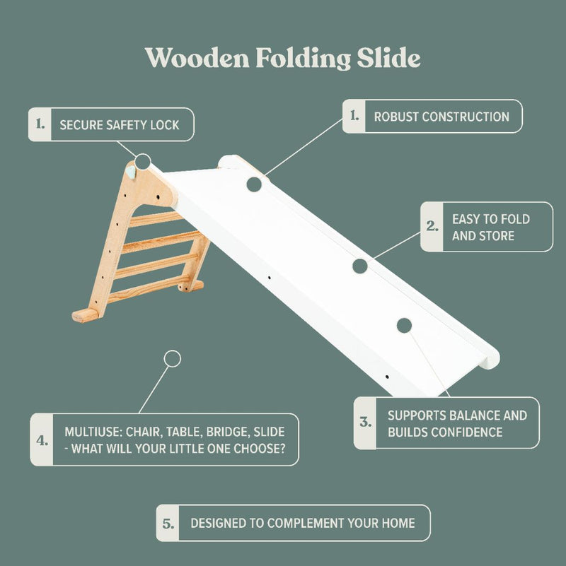 The TP Active-Tots Pikler Style Folding Wooden Slide from TP Toys features a white ramp, natural wood frame, safety lock, robust foldable design, and versatile indoor use. FSC® certified for eco-friendly play.