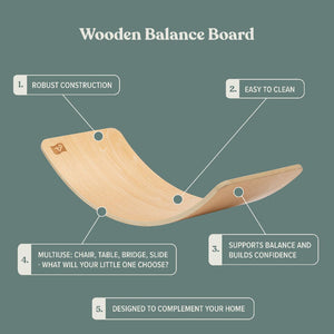 The TP Active-Tots Pikler Style Wooden Balance Board by TP Toys, made from FSC® certified wood, is shown with labeled features for sturdy build, easy cleaning, versatility, confidence support, home-friendly design, and gross motor skill development.