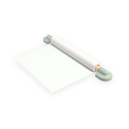 A white paper roll for the TP Active-Tots Play Table Paper Roll Accessory, held on a wooden dowel by two light green mounting brackets.
