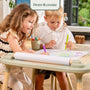 Two children coloring on the TP Active-Tots Play Table Paper Roll Accessory attached to the toddler table, with the text Draw & create at the top.
