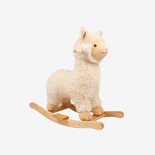 The TP Toys Active-Tots Rocking Llama is a plush, cream-colored rocking toy featuring a sturdy wooden base and handles, shown here against a plain white background.