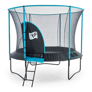 TP Genius Blue 10ft Round Trampoline with a blue and black SurroundSafe enclosure, a side ladder, and a zippered entrance.
