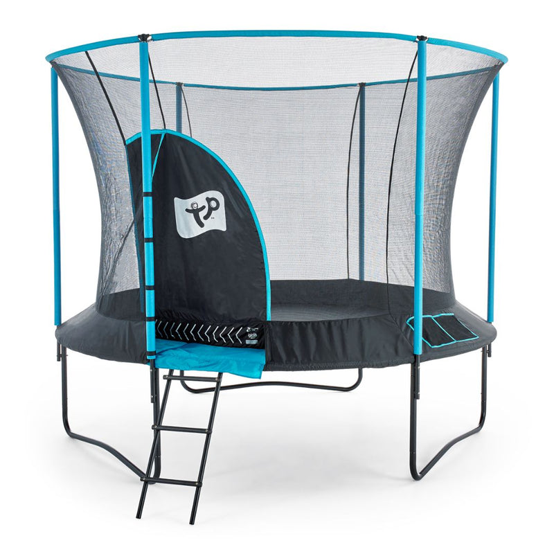 TP Genius Blue 10ft Round Trampoline with a blue and black SurroundSafe enclosure, a side ladder, and a zippered entrance.