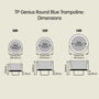 Diagram showing dimensions for the TP Genius Blue 14ft Round Trampoline and other SurroundSafe models, including mat and frame diameters, overall heights, and zip-free entry.