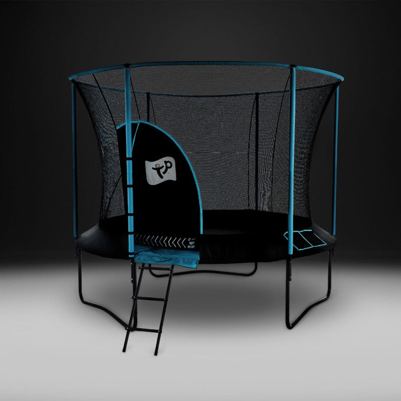 TP Genius Blue 10ft Round Trampoline with a SurroundSafe enclosure, blue frame accents, and an attached ladder leading to a zip-free entry.
